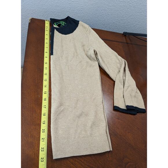 Wonder Knit Sweater XS Beige Black Contrast Collar Wool Keyhole Crew Neck Office - Picture 7 of 8
